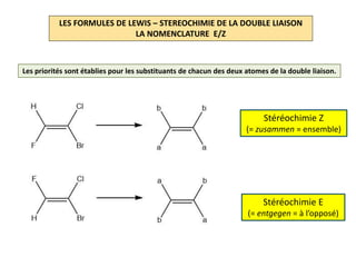 LES FORMULES DE LEWIS – STEREOCHIMIE DE LA DOUBLE LIAISON
LA NOMENCLATURE E/Z
Les priorités sont établies pour les substituants de chacun des deux atomes de la double liaison.
Stéréochimie Z
(= zusammen = ensemble)
Stéréochimie E
(= entgegen = à l’opposé)
 
