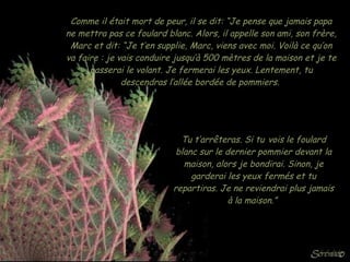 Comme il était mort de peur, il se dit: “Je pense que jamais papa ne mettra pas ce foulard blanc. Alors, il appelle son ami, son frère, Marc et dit: “Je t’en supplie, Marc, viens avec moi. Voilà ce qu’on va faire : je vais conduire jusqu’à 500 mètres de la maison et je te passerai le volant. Je fermerai les yeux. Lentement, tu   descendras l’allée bordée de pommiers.  Tu t’arrêteras. Si tu   vois le foulard blanc sur le dernier pommier devant la maison, alors je bondirai. Sinon, je garderai les yeux fermés et tu repartiras. Je ne reviendrai plus jamais à la maison.”  