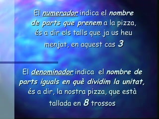 El  denominador  indica  el  nombre de parts iguals en què dividim la unitat,  és a dir, la nostra pizza, que està tallada en  8   trossos El  numerador  indica el  nombre de parts que prenem  a la pizza, és a dir els talls que ja us heu menjat, en aquest cas  3 