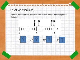 Intenta descobrir les fraccions que corresponen a les següents lletres: 5.1 Altres exemples . 7 8 P =  Q =  R =  S= 9 8 15 8 16 8 