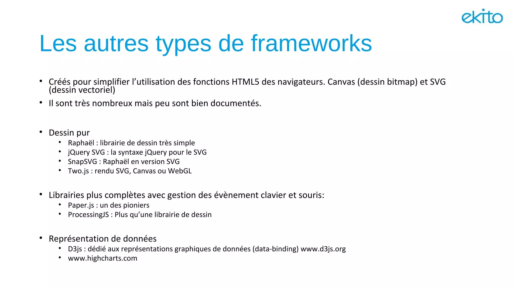 Les autres types de frameworks
• Créés pour simplifier l’utilisation des fonctions HTML5 des navigateurs. Canvas (dessin bitmap) et SVG
(dessin vectoriel)
• Il sont très nombreux mais peu sont bien documentés.
• Dessin pur
• Raphaël : librairie de dessin très simple
• jQuery SVG : la syntaxe jQuery pour le SVG
• SnapSVG : Raphaël en version SVG
• Two.js : rendu SVG, Canvas ou WebGL
• Librairies plus complètes avec gestion des évènement clavier et souris:
• Paper.js : un des pioniers
• ProcessingJS : Plus qu’une librairie de dessin
• Représentation de données
• D3js : dédié aux représentations graphiques de données (data-binding) www.d3js.org
• www.highcharts.com
 