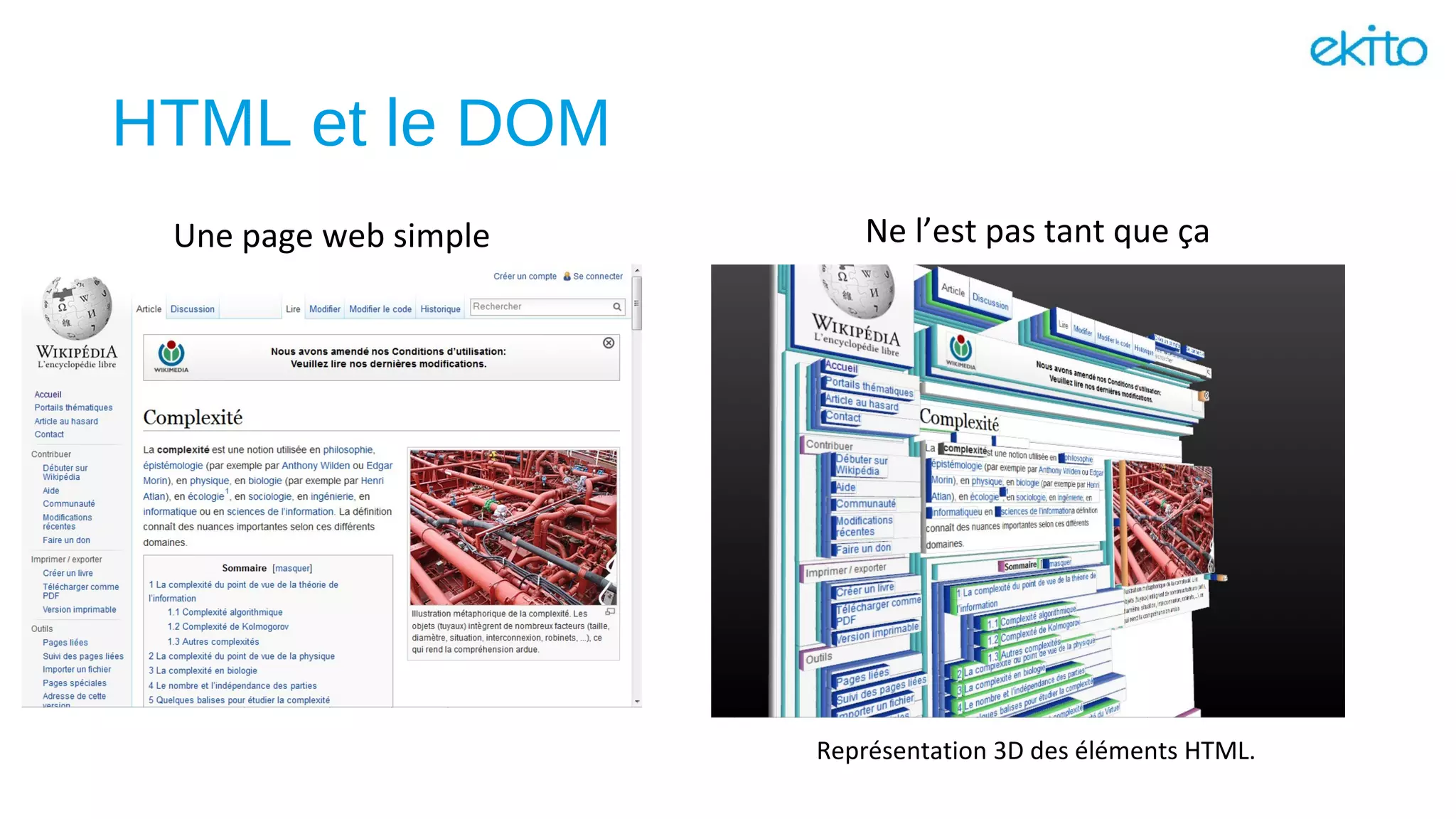 HTML et le DOM
Une page web simple Ne l’est pas tant que ça
Représentation 3D des éléments HTML.
 