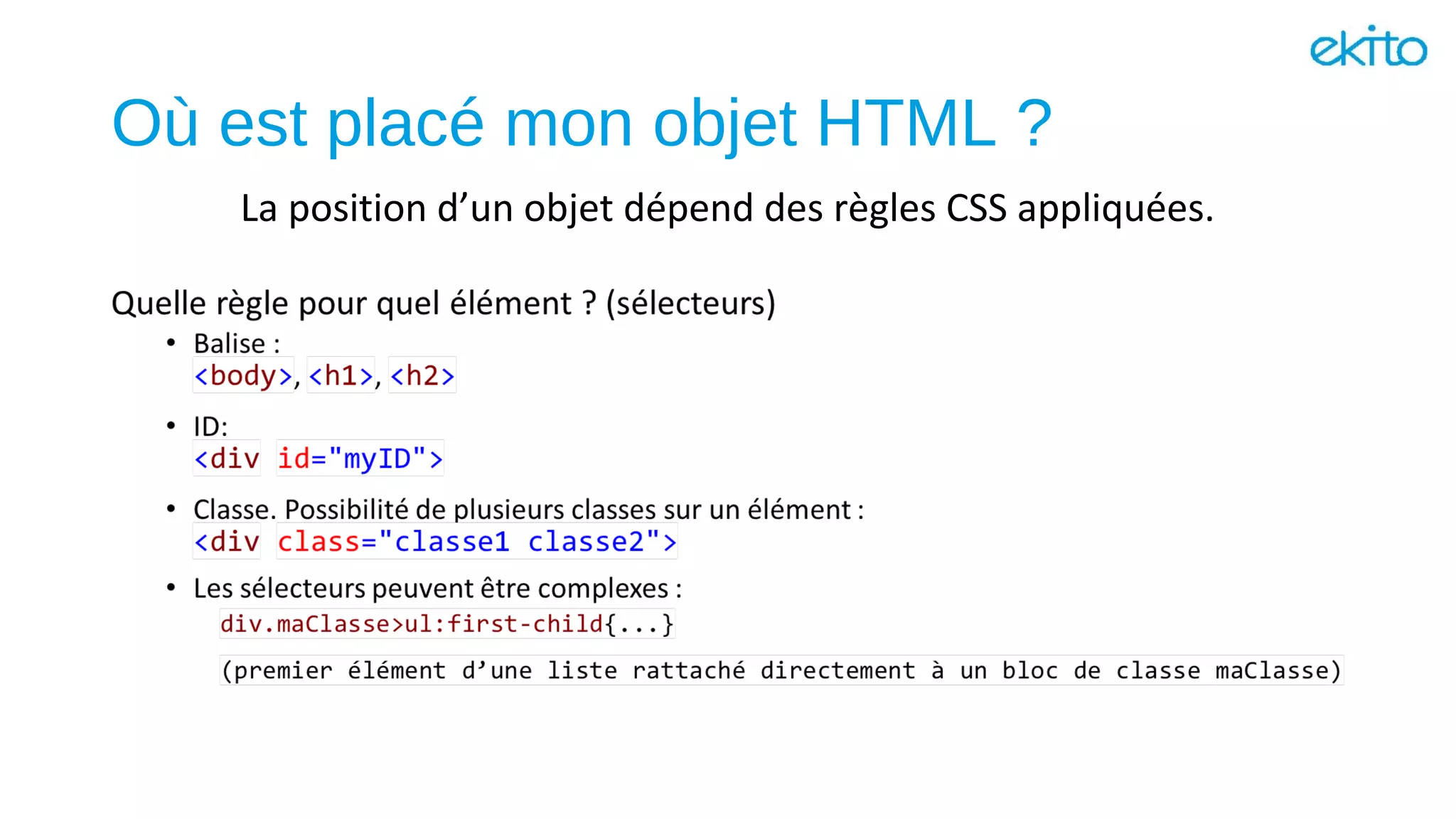 Où est placé mon objet HTML ?
La position d’un objet dépend des règles CSS appliquées.
 