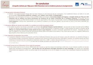 Le facilité perçue du contrôle parental
                                        sur l’activité numérique de leurs enfants

              Question : Diriez-vous que vous êtes inquiet ou pas inquiet de la présence et des activités de votre/vos enfants sur Internet ?


   TOTAL Inquiet
       33%


                                                                                                  Peu inquiet
                                                                                                     52%




                             Assez inquiet
                                 29%




                                                                                                                                   TOTAL Pas inquiet
                                                      Très inquiet
                                                                                 Pas du tout inquiet                                     67%
                                                           4%
                                                                                        15%


Base : Question posée uniquement aux parents d’enfants de moins de 18 ans,
soit 26% de l’échantillon.
 