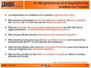 Un effet générationnel de la fréquentation des cimetières à la Toussaint La fréquentation du cimetière à la Toussaint  augmente avec l’âge  ; Elle concerne davantage  les femmes , les  moins diplômés , les  plus modestes , les  retraités , les  veufs  et ceux qui ont  perdu leurs parents  ; Elle est  plus faible dans les grandes agglomérations  (+ de 200 000 hab et agglo parisienne) ,  en Méditerranée et en Région parisienne  ; Elle est plus élevée chez les  catholiques et les pratiquants réguliers  ; Elle concerne surtout ceux qui ont  déjà eu affaire à la mort  (ont rencontré les professionnels des PF ou ont organisé des obsèques) ; Elles est plus élevée chez ceux qui  envisagent l’inhumation  pour eux-mêmes et ceux qui imaginent une  cérémonie religieuse  ; Elle est très corrélée au fait  d’aller au cimetière en général , même à d’autres périodes de l’année. Source :  Les Français et les obsèques, Csnaf - Crédoc, juin 2005, juin 2007 
