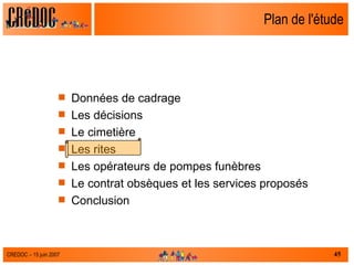 Plan de l'étude Données de cadrage Les décisions Le cimetière Les rites Les opérateurs de pompes funèbres Le contrat obsèques et les services proposés  Conclusion 