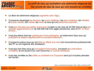 Le profil de ceux qui souhaitent une cérémonie religieuse est très proche de celui de ceux qui vont souvent au cimetière Le désir de cérémonie religieuse  augmente avec l’âge  ; Il concerne davantage  les femmes , les  moins diplômés , les  plus modestes , les  retraités  et  autres inactifs , les  mariés , les  veufs  et ceux qui ont  perdu leurs parents  ; Il est  plus fort dans les petites communes  (rurales ou de mois de 20 000 hab) et dans  les grandes agglomérations  (+ de 200 000 hab hors agglo parisienne), dans le  BP, le Nord et l’Est  ; Il est plus élevé chez les  catholiques et les protestants,  et notamment chez ceux qui  pratiquent la religion régulièrement ou occasionnellement  ; Il concerne surtout ceux qui ont  déjà eu affaire à la mort  (ont rencontré les professionnels des PF ou ont organisé des obsèques) ; Il est plus fort chez ceux qui  envisagent l’inhumation,  ont laissé  des instructions complètes  et ont souscrit (ou vont souscrire)  un contrat obsèques ; Il est très corrélée au fait  d’aller au cimetière à la Toussaint  ainsi qu’à d’autres périodes de l’année. Source :  Les Français et les obsèques, Csnaf - Crédoc, juin 2005, juin 2007 