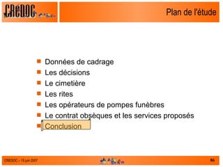 Plan de l'étude Données de cadrage Les décisions Le cimetière Les rites Les opérateurs de pompes funèbres Le contrat obsèques et les services proposés  Conclusion 