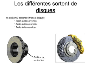 Les différentes sortent de
Les différentes sortent de
disques
disques
Ils existent 3 sortent de freins à disques:
Ils existent 3 sortent de freins à disques:
* Frein à disque ventilé;
* Frein à disque simple;
* Frein à disque à trou.
 