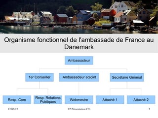Organisme fonctionnel de l'ambassade de France au
                   Danemark
                                      Ambassadeur



             1er Conseiller        Ambassadeur adjoint          Secrétaire Général




                 Resp. Relations
 Resp. Com                             Webmestre           Attaché 1        Attaché 2
                   Publiques
 12/03/12                            TP Présentation C2i                                5
 