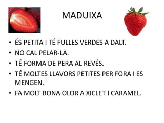 MADUIXA
• ÉS PETITA I TÉ FULLES VERDES A DALT.
• NO CAL PELAR-LA.
• TÉ FORMA DE PERA AL REVÉS.
• TÉ MOLTES LLAVORS PETITES PER FORA I ES
MENGEN.
• FA MOLT BONA OLOR A XICLET I CARAMEL.
 