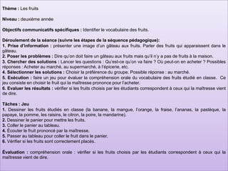 Thème : Les fruits
Niveau : deuxième année
Objectifs communicatifs spécifiques : Identifier le vocabulaire des fruits.
Déroulement de la séance (suivre les étapes de la séquence pédagogique):
1. Prise d’information : présenter une image d’un gâteau aux fruits. Parler des fruits qui apparaissent dans le
gâteau.
2. Poser les problèmes : Dire qu’on doit faire un gâteau aux fruits mais qu’il n’y a pas de fruits à la maison.
3. Chercher des solutions : Lancer les questions : Qu’est-ce qu’on va faire ? Où peut-on en acheter ? Possibles
réponses : Acheter au marché, au supermarché, à l’épicerie, etc.
4. Sélectionner les solutions : Choisir la préférence du groupe. Possible réponse : au marché.
5. Exécution : faire un jeu pour évaluer la compréhension orale du vocabulaire des fruits étudié en classe. Ce
jeu consiste en choisir le fruit qui la maîtresse prononce pour l’acheter.
6. Evaluer les résultats : vérifier si les fruits choisis par les étudiants correspondent à ceux qui la maîtresse vient
de dire.
Tâches : Jeu
1. Dessiner les fruits étudiés en classe (la banane, la mangue, l’orange, la fraise, l’ananas, la pastèque, la
papaye, la pomme, les raisins, le citron, la poire, la mandarine).
2. Dessiner le panier pour mettre les fruits.
3. Coller le panier au tableau.
4. Écouter le fruit prononcé par la maîtresse.
5. Passer au tableau pour coller le fruit dans le panier.
6. Vérifier si les fruits sont correctement placés.
Évaluation : compréhension orale : vérifier si les fruits choisis par les étudiants correspondent à ceux qui la
maîtresse vient de dire.
 