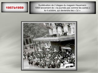 1957à1959
Surélévation de 2 étages du magasin Hausmann
1958 lancement de « la journée pas comme les autres »
le 4 octobre, qui deviendra les « 3J »
 