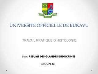UNIVERSITE OFFICIELLE DE BUKAVU
TRAVAIL PRATIQUE D’HISTOLOGIE
Sujet: RESUME DES GLANDES ENDOCRINES
GROUPE 12
 