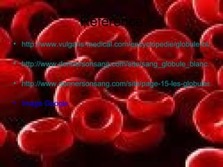 Référence http://www.vulgaris-medical.com/encyclopedie/globule-blanc-2091.html http://www.donnersonsang.com/site/sang_globule_blanc.php http://www.donnersonsang.com/site/page-15-les-globules-rouges-role-fonction.html Image Google 