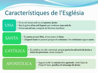 Característiques de l'Església
• És un sol ramat amb un sol pastor, Jesús.
• Rep la gràcia d’un sol Esperit per confessar una sola fe.
• Forma un sol cos, compost de diversos membres
UNA
• És santa perquè Déu, el seu autor, és Sant.
• L’Esperit Sant és present perquè els cristians i les cristianes siguin sants.SANTA
• És catòlica, és a dir, universal, perquè porta la salvació de Jesús a
totes les persones, sense excepció.CATÒLICA
• Segueix la fe i la missió dels apòstols. Amb l’ajut de
l’Esperit Sant, predica el missatge de Jesús.APOSTÒLICA
 