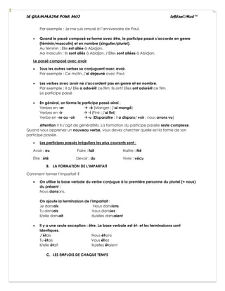 LE GRAMMAIRE POUR MOI LeBlan©Med™
Par exemple : Je me suis amusé à l’anniversaire de Paul.
• Quand le passé composé se forme avec être, le participe passé s’accorde en genre
(féminin/masculin) et en nombre (singulier/pluriel).
Au féminin : Elle est allée à Abidjan.
Aa masculin : Ils sont allés à Abidjan. / Elles sont allées à Abidjan.
Le passé composé avec avoir
• Tous les autres verbes se conjuguent avec avoir.
Par exemple : Ce matin, j’ai déjeuné avec Paul.
• Les verbes avec avoir ne s’accordent pas en genre et en nombre.
Par exemple : Il a/ Elle a adoré@ ce film. Ils ont/ Elles ont adoré@ ce film.
Le participe passé
• En général, on forme le participe passé ainsi :
Verbes en -er → -é (Manger : j’ai mangé)
Verbes en -ir → -i (Finir : j’ai fini)
Verbe en -re ou -oir →-u (Disparaitre : il a disparu/ voir : nous avons vu)
Attention !! Il s’agit de généralités. La formation du participe passée reste complexe.
Quand vous apprenez un nouveau verbe, vous devez chercher quelle est la forme de son
participe passée.
• Les participes passés irréguliers les plus courants sont :
Avoir : eu Faire : fait Naitre : Né
Être : été Devoir : du Vivre : vécu
B. LA FORMATION DE L’IMPARFAIT
Comment former l’imparfait ?
• On utilise la base verbale du verbe conjugue à la première personne du pluriel (= nous)
du présent :
Nous dansons.
On ajoute la terminaison de l’imparfait :
Je dansais Nous dansions
Tu dansais Vous dansiez
Il/elle dansait Ils/elles dansaient
• Il y a une seule exception : être. La base verbale est ét- et les terminaisons sont
identiques.
J’étais Nous étions
Tu étais Vous étiez
Il/elle était Ils/elles étaient
C. LES EMPLOIS DE CHAQUE TEMPS
 