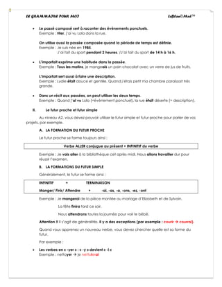 LE GRAMMAIRE POUR MOI LeBlan©Med™
• Le passé composé sert à raconter des évènements ponctuels.
Exemple : Hier, j’ai vu Lola dans la rue.
On utilise aussi la passée composée quand la période de temps est définie.
Exemple : Je suis née en 1985.
J’ai fait du sport pendant 2 heures. /J’ai fait du sport de 14 h à 16 h.
• L’imparfait exprime une habitude dans la passée.
Exemple : Tous les matins, je mangeais un pain chocolat avec un verre de jus de fruits.
L’imparfait sert aussi à faire une description.
Exemple : Lydie était douce et gentille. Quand j’étais petit ma chambre paraissait très
grande.
• Dans un récit aux passées, on peut utiliser les deux temps.
Exemple : Quand j’ai vu Lola (=évènement ponctuel), la rue était déserte (= description).
II. Le futur proche et futur simple
Au niveau A2, vous devez pouvoir utiliser le futur simple et futur proche pour parler de vos
projets, par exemple.
A. LA FORMATION DU FUTUR PROCHE
Le futur proche se forme toujours ainsi :
Verbe ALLER conjugue au présent + INFINITIF du verbe
Exemple : Je vais aller à la bibliothèque cet après-midi. Nous allons travailler dur pour
réussir l’examen.
B. LA FORMATIONS DU FUTUR SIMPLE
Généralement, le futur se forme ainsi :
INFINITIF + TERMINAISON
Manger/ Finir/ Attendre + -ai, -as, -a, -ons, -ez, -ont
Exemple : Je mangerai de la pièce montée au mariage d’Elizabeth et de Sylvain.
La fête finira tard ce soir.
Nous attendrons toutes la journée pour voir le bébé.
Attention !! Il s’agit de généralités. Il y a des exceptions (par exemple : courir → courrai).
Quand vous apprenez un nouveau verbe, vous devez chercher quelle est sa forme du
futur.
Par exemple :
• Les verbes en « -yer » : « -y » devient « -i »
Exemple : nettoyer → je nettoierai
 