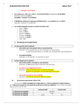 LE GRAMMAIRE POUR MOI LeBlan©Med™
Envoyer → j’enverrai
• Les verbes en « -eler » et « -eter » : la consonne finale, « l » ou « t », est doublée :
Exemple : jeter → je jetterai
Exception : acheter → j’achèterai
• L’infinitif des verbes du 3e groupe qui finissent par « -e », perdent ce « -e » final :
Exemple : attendre → j’attendrai
• Les verbes irréguliers les plus courants aux futurs sont :
o Avoir : j’aurai
o Être : je serai
o Faire : je ferrai
o Devoir : je devrai
o Pouvoir : je pourrai
o Vouloir : je voudrai
o Aller : j’irai
C. LES EMPLOIS DE CHAQUE TEMPS
• Le futur proche sert à exprimer :
▪ Une action qui va se passer dans un avenir proche.
Exemple : Ne t’inquiète pas, je vais t’apporter ces documents.
La semaine prochaine, on va aller voir une exposition très intéressante.
▪ Un projet probable.
Exemple : C’est décidé ! Je vais faire du sport.
• Le futur simple sert à exprimer :
▪ Une action avenir, un projet ou une prévision.
Exemple : On ira rendre visite à David le mois prochain.
▪ Un ordre ou un règlement à suivre.
Exemple : J’irai au marché et toi, tu feras le ménagé !
Quand vous arriverez, vous m’attendrez à l’accueil.
▪ Une action soumise à une condition.
Exemple : si tu finis tôt, on pourra aller au cinéma.
III. Les pronoms personnels COD et COI
Les pronoms COD (complément d’objet direct) et COI (complément d’objet indirect)
sont utiles pour remplacer une partie de la phrase et éviter les répétions. Voici la liste complète
des pronoms COD et COI.
Pronoms COD Pronom COI
1re Personne du singulier Me (m’)
2e Personne du singulier Te (t’)
3e Personne du singulier Le/la Lui
 
