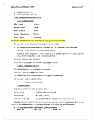 LE GRAMMAIRE POUR MOI LeBlan©Med™
• J’ai vu mon père hier.
• Je suis sorti avec mes amis.
Quels verbes conjuguer avec être ?
• Les 15 verbes suivants :
Aller # venir Rentrer
Arriver # partir Passer
Naitre # mourir Rester
Monter # Descendre Tomber
Entrer # Sortir Retourner
Les dérives de ces verbes (sauf retourner) se conjuguent aussi avec être.
Par exemple : Je suis devenu  Je suis venu → je suis revenu
• Les verbes pronominaux (se laver, s’appeler, etc.) se conjuguent aussi avec être.
Exemple : Je me suis amusé à l’anniversaire de Paul.
• Quand le passé composé se forme avec être, le participe passé s’accorde en genre
(masculin/féminin) et en nombre (singulier/pluriel)
Au féminin : Elle est allée à Nantes.
Au pluriel : Ils sont alles à Nantes/ elles sont allées à Nantes.
Le passé composé avec avoir
Tous les autres verbes se conjuguent avec avoir.
Exemple : Ce matin, j’ai fait mes coures.
Les verbes avec avoir ne s’accordent pas en genre et en nombre.
Par exemple : Il/elle a adore@ ce film.
Ils/elles a adore@ ce film.
Le participe passé
En général, on forme le participe passé ainsi :
Verbes en -er → -é (Manger : J’ai mangé)
Verbe en -ir → -i (Finir : j’ai fini)
Verbe en -re ou -oir → -u (Disparaitre : il a disparu/ Voir : Nous avons vu)
Attention : Il s’agit de généralités. La formation du participe passé est complexe. Quand vous
apprenez un nouveau verbe, vous devez mémoriser la forme de son participe passé.
• Les participes passent irréguliers les plus courants sont :
Avoir : eu Faire : fait Naitre : né
 