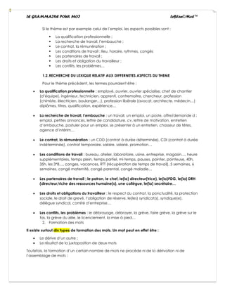 LE GRAMMAIRE POUR MOI LeBlan©Med™
Si le thème est par exemple celui de l’emploi, les aspects possibles sont :
▪ La qualification professionnelle ;
▪ La recherche de travail, l’embauche ;
▪ Le contrat, la rémunération ;
▪ Les conditions de travail : lieu, horaire, rythmes, congés
▪ Les partenaires de travail ;
▪ Les droits et obligation du travailleur ;
▪ Les conflits, les problèmes…
1.2.RECHERCHE DU LEXIQUE RELATIF AUX DIFFERNETES ASPECTS DU THEME
Pour le thème précèdent, les termes pourraient être :
• La qualification professionnelle : employé, ouvrier, ouvrier spécialise, chef de chantier
(d’équipe), ingénieur, technicien, apprenti, contremaitre, chercheur, profession
(chimiste, électricien, boulanger…), profession libérale (avocat, architecte, médecin…)
diplômes, titres, qualification, expérience…
• La recherche de travail, l’embauche : un travail, un emploi, un poste, offre/demande d ;
emploi, petites annonces, lettre de candidature, cv, lettre de motivation, entretien
d’embauche, postuler pour un emploi, se présenter à un entretien, chasseur de têtes,
agence d’intérim…
• Le contrat, la rémunération : un CDD (contrat à durée déterminée), CDI (contrat à durée
indéterminée), contrat temporaire, salaire, salarié, promotion…
• Les conditions de travail : bureau, atelier, laboratoire, usine, entreprise, magasin…, heure
supplémentaires, temps plein, temps partiel, mi-temps, pauses, pointer, pointeuse, 40h,
35h, les 3*8…, conges, vacances, RTT (récupération de temps de travail), 5 semaines, 6
semaines, congé maternité, congé parental, congé maladie…
• Les partenaires de travail ; le patron, le chef, le(la) directeur(trice), le(la)PDG, le(la) DRH
(directeur/riche des ressources humaine(s), une collègue, le(la) secrétaire…
• Les droits et obligations du travailleur : le respect du contrat, la ponctualité, la protection
sociale, le droit de grevé, l’obligation de réserve, le(les) syndicat(s), syndique(e),
délègue syndical, comité d’entreprise…
• Les conflits, les problèmes : le débrayage, débrayer, la grève, faire grève, la grève sur le
tas, la grève du zèle, le licenciement, la mise à pied…
2. Formation des mots
Il existe surtout dix types de formation des mots. Un mot peut en effet être :
• Le dérive d’un autre ;
• Le résultat de la juxtaposition de deux mots
Toutefois, la formation d’un certain nombre de mots ne procède ni de la dérivation ni de
l’assemblage de mots :
 