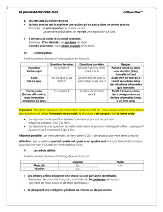 LE GRAMMAIRE POUR MOI LeBlan©Med™
B. LES EMPLOIS DU FUTUR PROCHE
• Le futur proche sert à exprimer une action qui se passe dans un avenir proche.
Exemple : Je vais apporter ce dossier ce soir.
La semaine prochaine, on va voir une exposition sur Dali.
• Il sert aussi à parler d’un projet probable.
Exemple : C’est décidé ! Je vais faire du sport.
L’année prochaine, nous allons voyager en Europe.
IV. L’interrogation
Il existe plusieurs formes d’interrogation en français :
Questions fermées Questions ouvertes Usages
Inversion
Verbe-sujet
As-tu faim ? Quand viens-tu diner
chez moi ?
Plutôt à l’écrit ou dans
une situation (très)
formelle à l’oral
Avec
Est-ce que
Est-ce que tu as
faim ?
Quand est-ce que tu
viens diner chez moi ?
Aussi bien à l’oral qu’a
l’écrit, aussi bien dans
des situations informelles
que formelles
Forme orale
(Forme affirmative,
mais intonation
montante à l’oral)
Tu as faim ? Tu viens diner chez
moi ?
Plutôt à l’oral ou dans
des correspondances
écrites informelles (mais
a un ami, sms)
Important : Pendant l’épreuve de production orale du DELF A1, vous devez varier la formulation
des questions et utiliser l’inversion verbe-sujet, la structure « est-ce que » est la forme orale.
• La réponse à une question fermée commence par oui ou par non.
Réponse possible : Oui, j’ai faim.
• La réponse à une question ouverte varie selon le pronom interrogatif utilise : pourquoi ?
quand ? où ? comment ? Qui ? Etc.
Réponse possible : Je viens demain. Je viens diner à 20 h. Je ne peux pas venir diner chez toi.
Attention : Les questions quel est, quelle est, quels sont, quelles sont ont une formulation unique :
Quel est ton nom ? Quelle est votre adresse ? Etc.
V. Les article définis
Il existe plusieurs formes d’interrogation en français :
Singulier Pluriel
Masculin Le Les
Féminin La
• Les articles définis désignent une chose ou une personne identifiable.
Exemples : Le cours de français a commencé. Le professeur est sympa.
(Je parle de mon cours et de mon professeur.)
• Ils désignent une catégorie générale de choses ou de personnes.
 