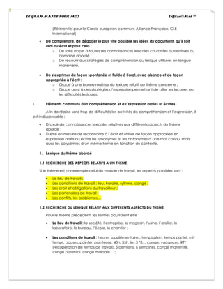 LE GRAMMAIRE POUR MOI LeBlan©Med™
(Référentiel pour le Carde européen commun, Alliance Française, CLE
International)
• De comprendre, de dégager le plus vite possible les idées du document, qu’il soit
oral ou écrit et pour cela :
o De faire appel à toutes ses connaissances lexicales courantes ou relatives au
domaine abordé ;
o De recourir aux stratégies de compréhension du lexique utilisées en langue
maternelle.
• De s’exprimer de façon spontanée et fluide à l’oral, avec aisance et de façon
appropriée à l’écrit :
o Grace à une bonne maitrise du lexique relatif au thème concerne ;
o Grace aussi à des stratégies d’expression permettant de pilier les lacunes ou
les difficultés lexicales.
I. Eléments communs à la compréhension et à l’expression orales et écrites
Afin de réalise sans trop de difficultés les activités de compréhension et l’expression, il
est indispensable :
• D’avoir de connaissances lexicales relatives aux différents aspects du thème
aborde :
• D’être en mesure de reconnaitre à l’écrit et utiliser de façon appropriée en
expression orale ou écrite les synonymes et les antonymes d’une mot connu, mais
aussi les polysémies d’un même terme en fonction du contexte.
1. Lexique du thème abordé
1.1.RECHERCHE DES ASPECTS RELATIFS A UN THEME
Si le thème est par exemple celui du monde de travail, les aspects possibles sont :
• Le lieu de travail ;
• Les conditions de travail : lieu, horaire, rythme, congé ;
• Les droit et obligations du travailleur ;
• Les partenaires de travail ;
• Les conflits, les problèmes…
1.2.RECHERCHE DU LEXIQUE RELATIF AUX DIFFERENTS ASPECTS DU THEME
Pour le thème précèdent, les termes pourraient être :
• Le lieu de travail : la société, l’entreprise, le magasin, l’usine, l’atelier, le
laboratoire, le bureau, l’école, le chantier ;
• Les conditions de travail : heures supplémentaires, temps plein, temps partiel, mi-
temps, pauses, pointer, pointeuse, 40h, 35h, les 3 *8… conge, vacances, RTT
(récupération de temps de travail), 5 demains, 6 semaines, congé maternité,
congé parental, conge maladie… ;
 