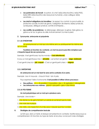LE GRAMMAIRE POUR MOI LeBlan©Med™
• Les partenaires de travail : le patron, le chef, le(la) directeur(tric), le(la) PDG,
le(la) DRH (directeur(tric) des ressources humaine), un(e) collègue, le(la)
secrétaire… ;
• Les droit et obligations du travailleur : le respect du contrat, la ponctualité, la
protection sociale, le droit de grevé, l’obligation de réserve, le(les) syndicats,
syndique(e), délègue syndical, comité d’entreprise…
• Les conflits, les problèmes : le débrayage, débrayer, la grève, faire grève, la
grève sur le tas, la grève du zèle, le licenciement, la mise à pied.
2. Synonymie, antonymie et polysémie
2.1.LA SYNONYMIE
Un synonyme est un mot qui a le même sens ou pratiquement le même sens
qu’un autre.
Toutefois en fonction du contexte, un mot ne pourra pas être remplace par
n’importe lequel de ses synonymes.
Exemple : Il est gentil avec tout le monde = il est attentionné.
Il a eu un mot gentil pour moi. = aimable – cet enfant est gentil. = sage, obéissant
C’est gentil chez toi = joli, coquet – C’est un gentil petit chien. = mignon
2.2.L’ANTONYMIE
Un antonyme est un mot dont le sens est le contraire d’un autre.
Exemple : bon # mauvais chaud # froid loin # près
Pour exprimer l’idée d’antonymie, il est possible d’utiliser divers processus :
• Des préfixes : « in- » → possible # impossible « des- » → agréable # désagréable
• Les antonymes eux-mêmes : grand = pas petit – gros = pas mince
2.3.LA POLYSEMIE
Un mot polysémique est un mot qui a plusieurs sens.
Exemple : Une ronde =
1. Une danse ou les gens forment un cercle en se tenant par la main ;
2. Une note de musique ;
3. Une visite, une inspection d’un lieu pour s’assurer que tout va bien.
II. Stratégies de compréhension lexicale
Le fait que, dans un texte, le lexique soit présente en contexte, facilite beaucoup sa
compréhension. En fonction du type de texte, le locuteur va recourir à des stratégies
 