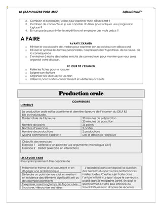 LE GRAMMAIRE POUR MOI LeBlan©Med™
2. Combien d’expression j’utilise pour exprimer mon désaccord ?
3. Combien de connecteurs je suis capable d’utiliser pour indiquer une progression
logique ?
4. Est-ce que je peux éviter les répétitions et employer des mots précis ?
A FAIRE
AVANT L’EXAMEN
o Réviser le vocabulaire des verbes pour exprimer son accord ou son désaccord
o Réviser la syntaxe les formes personnelles, l’expression de l’hypothèse, de la cause, de
la conséquence
o S’entrainer à écrire des textes enrichis de connecteurs pour montrer que vous avez
organisé votre discours.
LE JOUR DE L’EXAMEN
o Relire les fiches pour se rassurer
o Soigner son écriture
o Organiser ses idées avec un plan
o Utiliser la ponctuation correctement et vérifier les accents.
Production orale
COMPRENDRE
L’EPREUVE
La production orale est la quatrième et dernière épreuve de l’examen du DELF B2
Elle est individuelle.
Durée totale de l’épreuve 30 minutes de préparation
20 minutes de passation
Nombre de points 25 points
Nombre d’exercices 2 parties
Nombre de productions 2 productions
Quand commencer à parler ? Des le début de l’épreuve
Objectifs des exercices
Exercice 1 Défense d’un point de vue argumente (monologue suivi)
Exercice 2 Débat (exercice en interaction)
LES SAVOIR_FAIRE
Il faut principalement être capable de :
Présenter le thème d’un document et en
dégager une problématique
J’aborderai dans cet exposé la question
des bienfaits du sport sur les performances
intellectuelles. C’est le sujet traite dans
l’article intitulé « Le sport dope le cerveau »,
publié dans le magazine Santé. En quoi le
sport permet-il d’être plus efficace au
travail ? Quels sont, d’après de récentes
Défendre un point de vue clair en mettant
en évidence des éléments significatifs et/ ou
des exemples pertinents
S’exprimer assez longtemps de façon suivie
Structurer, hiérarchiser ses idées
 