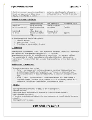 LE GRAMMAIRE POUR MOI LeBlan©Med™
Confirmer, nuancer, apporter des précisions recherche scientifiques, les effets de la
pratique sportive sur l’activité du cerveau ?
…
Réagir aux arguments et déclarations
d’autrui pour défendre sa position
LES EXERCICES ET LES DOCUMENTS
Supports possibles Type d’exercice Nombre de points
Exercice 1
Le monologue suivi
Article de presse,
dépêche, extrait de
blog
Prise de parole en
monologue 7 points
Exercice 2
Le débat
Article de presse,
dépêche, extrait de
blog
Echange avec
l’examinateur 6 points
Le niveau linguistique est note sur 12 points :
➢ Lexique : 4 points
➢ Morphosyntaxe : 5 points
➢ Phonétique et prononciation : 3 points
LA CONSIGNE
Pour l’épreuve individuelle du DELF B2, vous recevrez un document candidat qui présente le
déroulement de l’épreuve et les consignes pour chaque partie.
Avant l’épreuve, vous allez tirer au sort 2 sujets et vous choisirez celui que vous préférez.
Vous aurez ensuite 30 minutes pour préparer votre présentation avant de rencontrer
l’examinateur. Vous serez installe dans une salle de préparation ou au fond de la salle de
passation.
LES QUESTIONS ET LES REPONSES
L’épreuve se déroule en deux parties.
➢ Partie 1 : Monologue suivi : cette première partie consiste en l’élaboration d’une
problématique et la défense d’un point de vue. Vous devrez faire ressortir des
éléments saillants issus du document déclencheur et présenter votre opinion sur le
sujet.
➢ Partie 2 : Débat : l’examinateur vous posera des questions. Vous serez amené à
préciser vos idées, compléter vos argumentes, nuancer, contre-argumenter. Vous
devrez être convaincant. L’examinateur pourra élargir le débat.
CONSEILS
- Saluer poliment l’examinateur au début et à la fin de l’épreuve.
- Prendre des notes.
- Pendant le temps de préparation, anticiper les questions de l’examinateur.
- Bien gérer bien votre temps.
- S’entrainer avant le jour de l’épreuve (en vous enregistrant, en vous filmant ou devant un
mouroir)).
- Lire régulièrement la presse.
PRET POUR L’EXAMEN !
 
