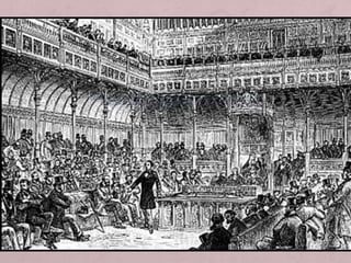 • Reform Act de 1867: Originat per la pressió pels canvis
socioeconòmics, amb una burgesia enriquida i unes classes
treballadores organitzades, amb la iniciació de moviments
en pro de reformes i la pròpia lluita entre els partits per fer-
se amb electorat.
• La reforma va donar el dret al vot a les ciutats: es va
qualificar com a elector al posseïdor d'una casa o el
pagament d'un lloguer.
• Igualment es van redistribuir els districtes, concedint més
seients a les ciutats industrials i als comtats molt poblats.
• Es va acompanyar d'una reforma administrativa, exigint un
sistema d'oposició per als funcionaris i la prohibició de la
venda de càrrecs.
• La reforma va desplaçar als grans propietaris i va ampliar el
nombre i la base social de l'electorat. Malgrat això, van
continuar sense vot els petits propietaris rurals i els
jornalers.
 