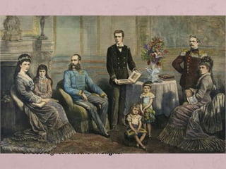 • Des de 1848 fins a la seva mort en 1916 aquest Imperi va
estar sota la direcció de l'emperador Francesc Josep I. A partir
de les revolucions burgeses i liberals de 1848 aquest Imperi va
començar un procés conflictiu que coincideix amb inici del
regnat de l'emperador Francisco José I ( emperador d'Àustria
entre 1848 i 1916 i d'Hongria entre 1867 i 1916 ).
• El seu regnat marca la trajectòria més important de l'Imperi
austrohongarès fins a la Primera Guerra Mundial. Ara bé,
després de la derrota enfront de Prússia (1866), enfrontament
en el qual es decidia l'hegemonia a Alemanya, l'Imperi
austríac s'orienta cap a un Estat danubià i balcànic on
rivalitzarà amb Rússia. Inicialment, des de 1848, es va seguir
una política centralista i absolutista on s'afavoria a les
nacionalitats germàniques (alemanys i austríacs), però
disgustava als no alemanys, sobretot als magiars (hongaresos).
Es va acordar un compromís en 1867 que va dividir a l'Imperi
en dos regnes: Àustria I Hongria.
 