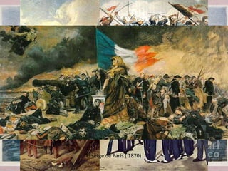 • Lluis Napoleó Bonaparte, president de la Segona República
(1848), va donar un cop d’estat amb el suport de l’exèrcit i
dels sector més conservadors. Va proclamar el Segon Imperi
(1852) recolzat per l’exèrcit, la gran burgesia dels negocis i
els pagesos temorosos d’una revolució social  Govern
personalista basat en l’ordre, el creixement econòmic i la
persecució de l’oposició.
• El creixement econòmic va permetre una certa pau social:
 Grans obres públiques (ferrocarril, canal de Suez, ...)
 Creixement industrial i protecció als obrers.
• Política exterior intervencionista (expedició a Mèxic, annexió
de Niça i la Savoia)  declaració de guerra a Prússia.
• Forta oposició al règim causada per les diferències socials i
manca de llibertats.
França, del Segon Imperi a la Tercera República
El setge de Paris ( 1870)
 
