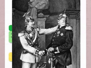 • Desprès de l’unificació política, Alemanya comença la
construcció d’un nou Estat i ràpidament es convertí en una
gran potència que aspirava a dirigir la política continental
europea i estendre pel continent el seu poder i influència.
• El règim polític del Segon Reich (Bismarck i el kàiser Guillem
I) exhibia un fort component autoritari:
– Estat federal (Prússia major representació)
– Sufragi universal masculí només per l’elecció de la cambra baixa,
Reichstag.
– Sufragi censatari per l’elecció de la cambra dels Estats (Bundestag)
 funció de proposar les lleis.
– El kàiser podia nomenar els seus ministres amb independència del
parlament i no eren responsables davant la cambra, sinó davant
l’emperador.
L’Alemanya de Bismarck
 