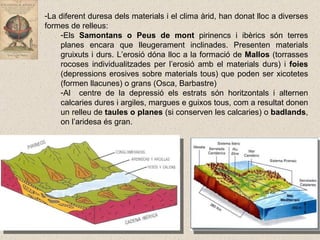 La diferent duresa dels materials i el clima àrid, han donat lloc a diverses formes de relleus: Els  Samontans o Peus de mont  pirinencs i ibèrics són terres planes encara que lleugerament inclinades. Presenten materials gruixuts i durs. L’erosió dóna lloc a la formació de  Mallos  (torrasses rocoses individualitzades per l’erosió amb el materials durs) i  foies  (depressions erosives sobre materials tous) que poden ser xicotetes (formen llacunes) o grans (Osca, Barbastre) Al  centre de la depressió els estrats són horitzontals i alternen calcaries dures i argiles, margues e guixos tous, com a resultat donen un relleu de  taules o planes  (si conserven les calcaries) o  badlands , on l’aridesa és gran. 