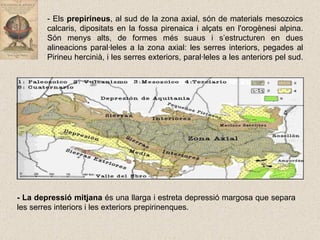 - Els  prepirineus , al sud de la zona axial, són de materials mesozoics calcaris, dipositats en la fossa pirenaica i alçats en l'orogènesi alpina. Són menys alts, de formes més suaus i s’estructuren en dues alineacions paral·leles a la zona axial: les serres interiors, pegades al Pirineu hercinià, i les serres exteriors, paral·leles a les anteriors pel sud. - La depressió mitjana  és una llarga i estreta depressió margosa que separa les serres interiors i les exteriors prepirinenques. 