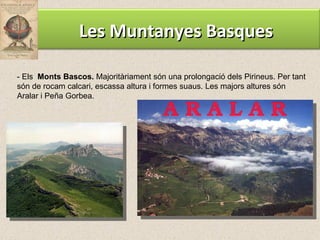 - Els  Monts Bascos.  Majoritàriament són una prolongació dels Pirineus. Per tant són de rocam calcari, escassa altura i formes suaus. Les majors altures són Aralar i Peña Gorbea. Les Muntanyes Basques 