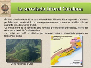 És una transformació de la zona oriental dels Pirineus. Està separada d’aquests per falles que han donat lloc a una regió volcànica on encara son visibles més de quaranta cons (Comarca d’Olot). La meitat nord de la serralada està formada per materials paleozoics, restes del vell massís hercinià Catalanobalear. La meitat sud està constituïda per terrenys calcaris secundaris plegats en l'orogènesi alpina. Cons volcànics a Olot La serralada Litoral Catalana 