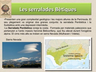 Presenten una gran complexitat geològica i les majors altures de la Península. El seu plegament va originar dos granes conjunts: la serralada Penibètica i la Subbètica amb una depressió intermèdia. La  Serralada Penibètica  voreja la costa.  Formada per materials paleozoics que pertanyien a l’antic massís hercinià Bèticorifeny, que fou elevat durant l'orogènia alpina. El cims més alts es troben en serra Nevada (Mulhacen i Veleta). Sierra Nevada Les serralades Bètiques 