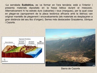 La serralada  Subbètica,  es va formar en l’era terciària; està a l’interior i presenta materials dipositats en la fossa bètica durant el mesozoic. Alternativament hi ha estrats durs (calcaries) i tous (margues), per la qual cosa en plegar-se (apropament de la placa tectònica africana amb la ibèrica) van originar mantells de plegament i encavalcaments (els materials es desplaçaren a gran distància del seu lloc d’origen). Serres més destacades Grazalema, Ubrique i Cazorla. Sierra de Cazorla 