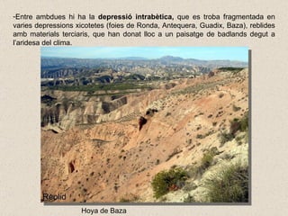 Entre ambdues hi ha la  depressió intrabètica,  que es troba fragmentada en varies depressions xicotetes (foies de Ronda, Antequera, Guadix, Baza), reblides amb materials terciaris, que han donat lloc a un paisatge de badlands degut a l’aridesa del clima. Hoya de Baza 