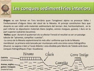 Origen:  es van formar en l’era terciària quan l’orogènesi alpina va provocar falles i l'enfonsament d’alguns blocs del sòcol de la Meseta. Al principi constituïren llacs que després es van reblir amb materials sedimentaris del terciari. Així, horitzontalment,  en la part inferior es dipositaren materials blans (argiles, arenes margues, guixos), i durs en la part superior (calcàries lacustres). Relleu:  quan  durant el quaternari els va afectar l’erosió el resultat va ser un paisatge tabular de “páramos, campiñas i cuestas”. La conca de la Meseta septentrional és més alta i uniforme que la de la Meseta meridional. La primera està tancada per muntanyes amb una única conca hidrogràfica (Duero). La segona s’obri a l’oceà Atlàntic i esta dividida pels Monts de Toledo amb dues conques hidrogràfiques (Tajo i Guadiana). Calcària (material dur ) Arenas, argiles, guixos i margues  (material tou) Les conques sedimentàries interiors 