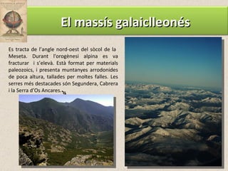 Es tracta de l’angle nord-oest del sòcol de la  Meseta. Durant l'orogènesi alpina es va fracturar  i s’elevà. Està format per materials paleozoics, i presenta muntanyes arrodonides de poca altura, tallades per moltes falles. Les serres més destacades són Segundera, Cabrera i la Serra d’Os Ancares. El massís galaiclleonés 