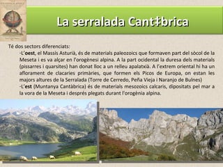 Té dos sectors diferenciats: L’ oest , el Massís Asturià, és de materials paleozoics que formaven part del sòcol de la Meseta i es va alçar en l'orogènesi alpina. A la part ocidental la duresa dels materials (pissarres i quarsites) han donat lloc a un relleu apalatxià. A l’extrem oriental hi ha un aflorament de clacaries primàries, que formen els Picos de Europa, on estan les majors altures de la Serralada (Torre de Cerredo, Peña Vieja i Naranjo de Bulnes) L’ est  (Muntanya Cantàbrica) és de materials mesozoics calcaris, dipositats pel mar a la vora de la Meseta i després plegats durant l'orogènia alpina. La serralada Cantàbrica 