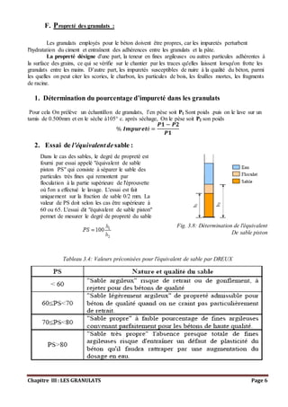 Chapitre III : LES GRANULATS Page 6
F. Propreté des granulats :
Les granulats employés pour le béton doivent être propres, car les impuretés perturbent
l'hydratation du ciment et entraînent des adhérences entre les granulats et la pâte.
La propreté désigne d'une part, la teneur en fines argileuses ou autres particules adhérentes à
la surface des grains, ce qui se vérifie sur le chantier par les traces qu'elles laissent lorsqu'on frotte les
granulats entre les mains. D’autre part, les impuretés susceptibles de nuire à la qualité du béton, parmi
les quelles on peut citer les scories, le charbon, les particules de bois, les feuilles mortes, les fragments
de racine.
1. Détermination du pourcentage d’impureté dans les granulats
Pour cela On prélève un échantillon de granulats, l’en pèse soit P1 Sont poids .puis on le lave sur un
tamis de 0.500mm et en le sèche à105° c. après séchage, On le pèse soit P2 son poids
% 𝑰𝒎𝒑𝒖𝒓𝒆𝒕é =
𝑷𝟏 − 𝑷𝟐
𝑷𝟏
2. Essai de l'équivalentdesable :
Fig. 3.8: Détermination de l'équivalent
De sable piston
Tableau 3.4: Valeurs préconisées pour l'équivalent de sable par DREUX
Dans le cas des sables, le degré de propreté est
fourni par essai appelé "équivalent de sable
piston PS" qui consiste à séparer le sable des
particules très fines qui remontent par
floculation à la partie supérieure de l'éprouvette
où l'on a effectué le lavage. L'essai est fait
uniquement sur la fraction de sable 0/2 mm. La
valeur de PS doit selon les cas être supérieure à
60 ou 65. L'essai dit "équivalent de sable piston"
permet de mesurer le degré de propreté du sable
 