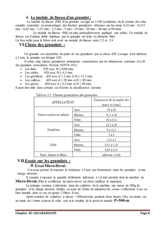 Chapitre III : LES GRANULATS Page 8
4. Le module de finesse d’un granulat :
Le module de finesse (Mf) d’un granulat est égal au 1/100 (centième) de la somme des refus
cumulés (exprimée en pourcentage) des fraction granulaires obtenues sur les tamis 0,16 mm - 0,315
mm - 0,63 mm - 1,25 mm - 2,5 mm - 5 mm - 10 mm - 20 mm - 40 mm et 80 mm).
Le module de finesse (Mf) est plus particulièrement appliqué aux sables. Un module de
finesse est d’autant faible implique que le granulat est riche en éléments fines
Un bon sable pour le béton doit avoir un module de finesse entre 2.2 et 2.8
VI.Classe des granulats :
Un granulat est caractérisé du point de vue granulaire par sa classe d/D. Lorsque d est inférieur
à 2 mm, le granulat est désigné 0/D.
Il existe cinq classes granulaires principales caractérisées par les dimensions extrêmes d et D
des granulats rencontrées (Norme NFP18-101):
 Les fines 0/D avec D ≤ 0,08 mm,
 Les sables 0/D avec D ≤ 6,3 mm,
 Les gravillons d/D avec d ≥ 2 mm et D ≤ 31,5 mm,
 Les cailloux d/D avec d ≥ 20 mm et D ≤ 80 mm,
 Les graves d/D avec d ≥ 6,3 mm et D ≤ 80 mm,
Il peut être utile dans certains cas d'écrire la classification suivante:
VII.Essais sur les granulats :
 EssaiMicro-Deval:
Cet essai permet de mesurer la résistance à l’user par frottements entre les granulats et une
charge abrasive.
Il consiste à mesurer la quantité d'éléments inférieurs à 1,6 mm produit dans la machine de
Micro-Deval. (Plus le coefficient de micro-deval est élevé meilleur le matériau)
Le principe consiste à introduire dans les cylindres de la machine une masse de 500g de
granulats et la charge abrasive (bielles en acier de 10mm de diamètre).les essais s’effectuant à sec ou
bien humide dans ce cas en ajoute 2.5litres d’eau.
Après rotation de cylindres à vitesse =100tours/min pendant deux heures (2h), on tamise sur
un tamis de 1.6mm et peser le refus .soit m le résultat de la pesée le tamisât P=500-m
 