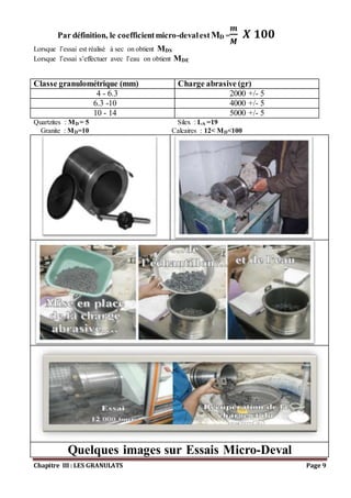Chapitre III : LES GRANULATS Page 9
Par définition, le coefficientmicro-devalestMD =
𝒎
𝑴
𝑿 𝟏𝟎𝟎
Lorsque l’essai est réalisé à sec on obtient MDS
Lorsque l’essai s’effectuer avec l’eau on obtient MDE
Classe granulométrique (mm) Charge abrasive (gr)
4 - 6.3 2000 +/- 5
6.3 -10 4000 +/- 5
10 - 14 5000 +/- 5
Quartzites : MD = 5 Silex : LA =19
Granite : MD=10 Calcaires : 12< MD<100
Quelques images sur Essais Micro-Deval
 