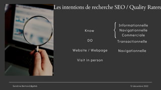 Know
DO
Website / Webpage
Visit in person
Les intentions de recherche SEO / Quality Raters
Informationnelle
Navigationnell...