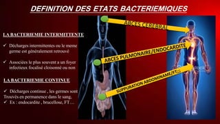 DEFINITION DES ETATS BACTERIEMIQUES
LA BACTERIEMIE INTERMITTENTE
 Décharges intermittentes ou le meme
germe est généralement retrouvé
 Associées le plus souvent a un foyer
infectieux focalisé cloisonné ou non
LA BACTERIEMIE CONTINUE
 Décharges continue , les germes sont
Trouvés en permanence dans le sang,
 Ex : endocardite , brucellose, FT…
 