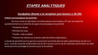 ETAPES ANALYTIQUES
Incubation directe a la reception puis lecture a 18-24h
Critères macroscopiques de positivité :
Des leurs arrivé au laboratoire, les hémocultures sont incubés a 37° puis sont observés
quotidiennement a la recherche de signes macroscopiques de positivité
* Production de gaz
*Hémolyse du sang
*Trouble , voile ou dépôt
* Présence de colonies sur la phase solide des flacons diphasiques.
La durée de positivité pour les germes couramment incriminés dans les états septicémiques est de 2 a 3
jours , la durée maximale d'observation est de 10 a 15 jours sauf en cas de recherches particulières ou cette
durée peut être prolongée (6 semaines pour la brucellose)
 
